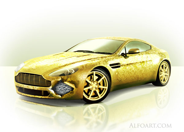 Golden cover Aston Martin Vantage, beauty design, gold foil effect.