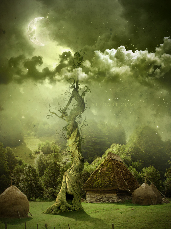 Fairy night. Beanstalk.Green, Beanstalk, theme, Green, fairy, tale, illustration, mystery, night, moon