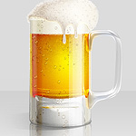 Cold Beer Glass Illustration. Foam texture and dewy glass effect plus icons set