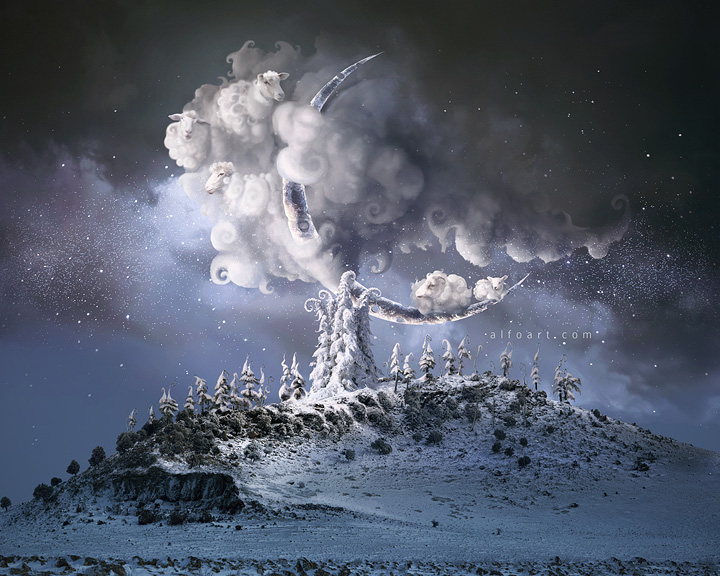 Christmas Dream. Fairy night with the crescent above the sheep clouds. Moon craters 3D model. Fairy Christmas snow and icy landscape. Counting sheep photo manipulation.