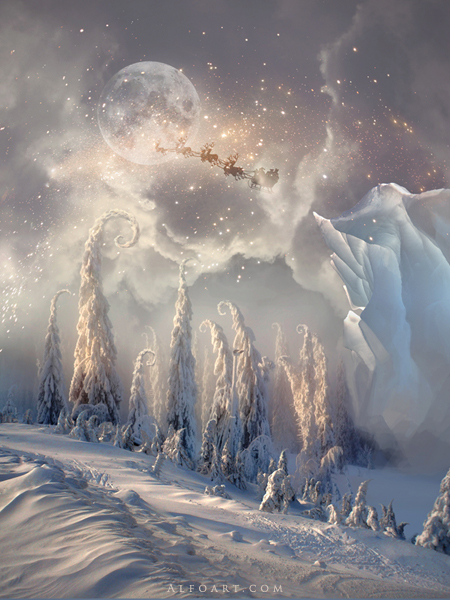 Christmas night, new year card, flying Santa Claus, fairy christmas landscape, snow scene, christmas trees, iceberg, night stars, moon light, santa's deers, christmas sleigh.