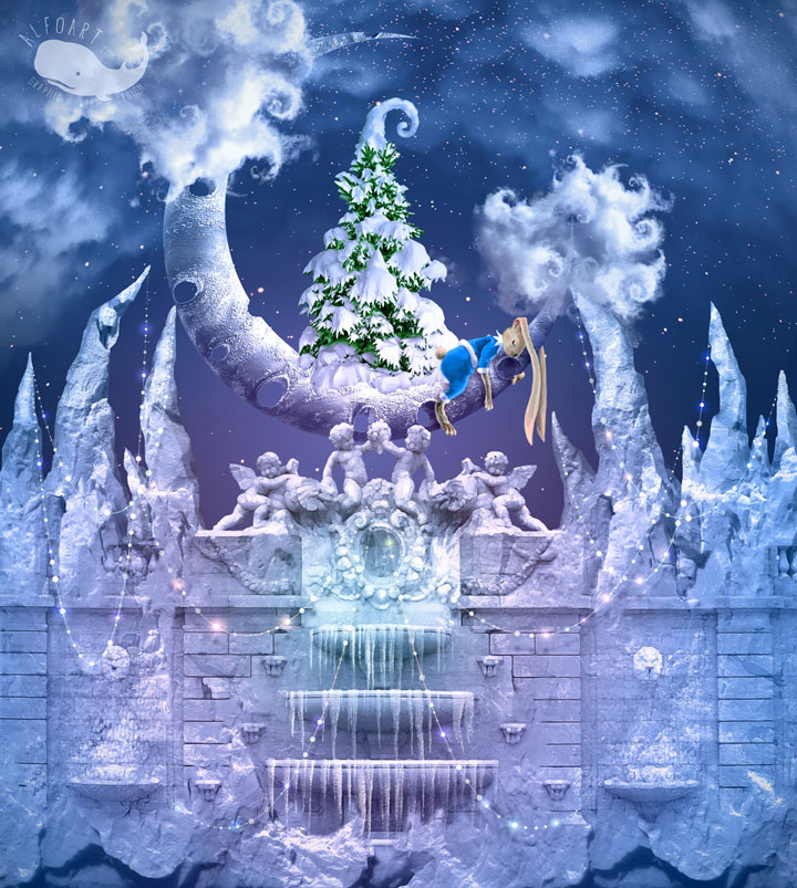 Christmas Wonderland.. Fairy night with the crescent above the clouds. Moon craters 3D model. Fairy Christmas snoe and icy landscape.