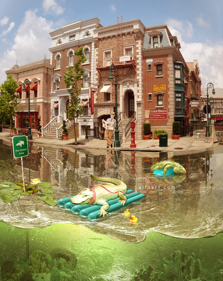 Surreal Comic Scene with Reptiles. Crocodile Promenade. 3D pool float model. Man walking with the crocodile.