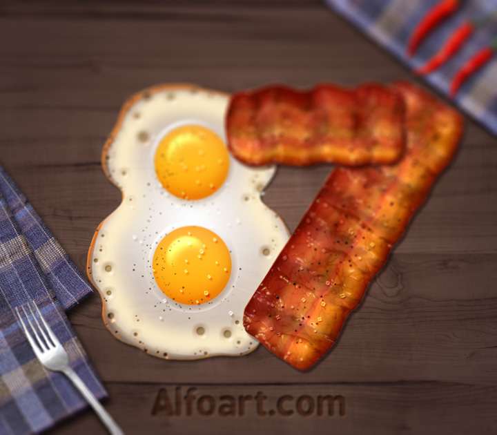 Fried eggs and bacon text effect. Learn how to create 3d fast food text effect. This Adobe Photoshop tutorial teaches how to apply fast food skin texture and light reflections to 
the 3d letters.