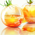 Shiny glass yellow tomatoes with colorful liquid inside and splashing effect