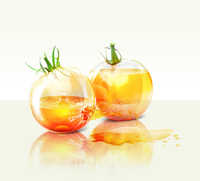 Shiny glass yellow tomatoes with colorfull liquid inside and splashing effect.Create realistic glossy glass tomatoes with liquid in them, make reflections and shadows