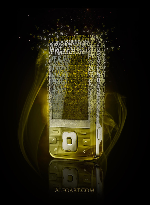 Cocept design, Golden cell phone fragmented into words and sounds. 