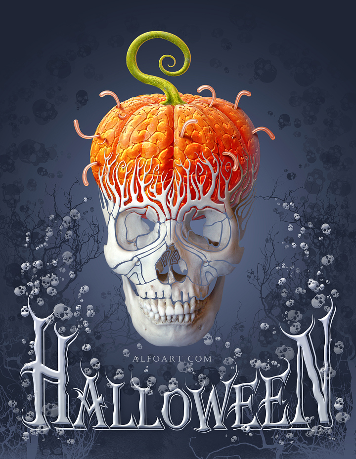 Halloween Card. How to create creepy skull with the pumpkin brains effect with photoshop. Free skull brushes and card elements.