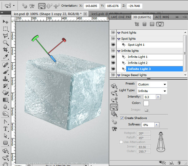 Cubo de gelo 3D photoshop tutorial ferramentas. Cubo de gelo 3D cena e dentro de cereja, gelo txture efeito no photoshop, a reflexão de gelo, renderização em 3D, 3D efeitos de luz, effectt gelo realista, idéias winterphotoshop