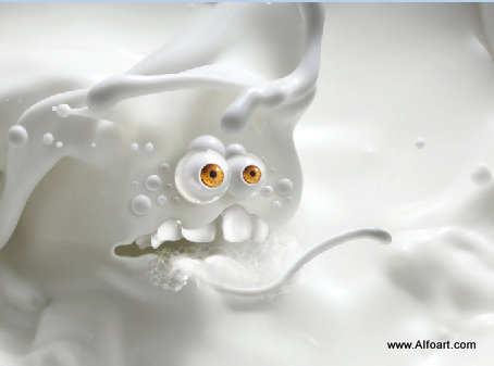 milk and chocolate, photoshop, splashes, monster, eyesballs, bubbles, cartoon character, cute, drops, hot chocolate, liquid
