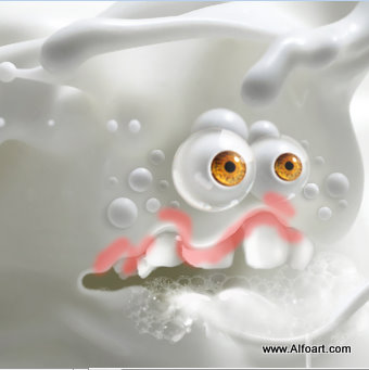milk and chocolate, photoshop, splashes, monster, eyesballs, bubbles, cartoon character, cute, drops, hot chocolate, liquid