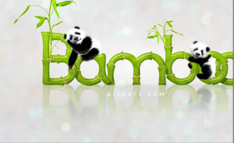 Cute baby panda & Bamboo text effect Pandas and realistic fresh and green bamboo plant illustration