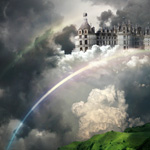 Castle in the Sky. The easy way to create beautiful photo manipulation with green landscape, dramatic sky, rainbow and castle in the white clouds.