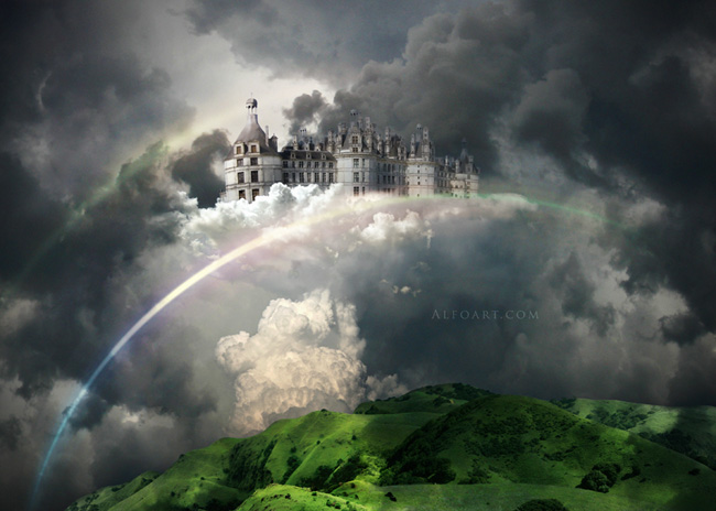 Castle in the Sky, castle in the clouds, dreamy landscape, mysterious, illustration, fantastic, rainbow effect in photoshop