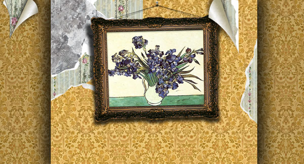 Vintage wallpaper effect. Old interior with Van Gogh picture.