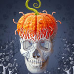 Halloween card. Creepy skull with the pumpkin brains effect